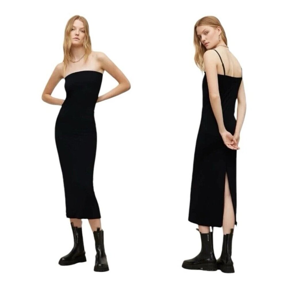 Allsaints CHARLIE Black Spaghetti Strap Midi Dress With Back Slit Sz 8 - Picture 3 of 7